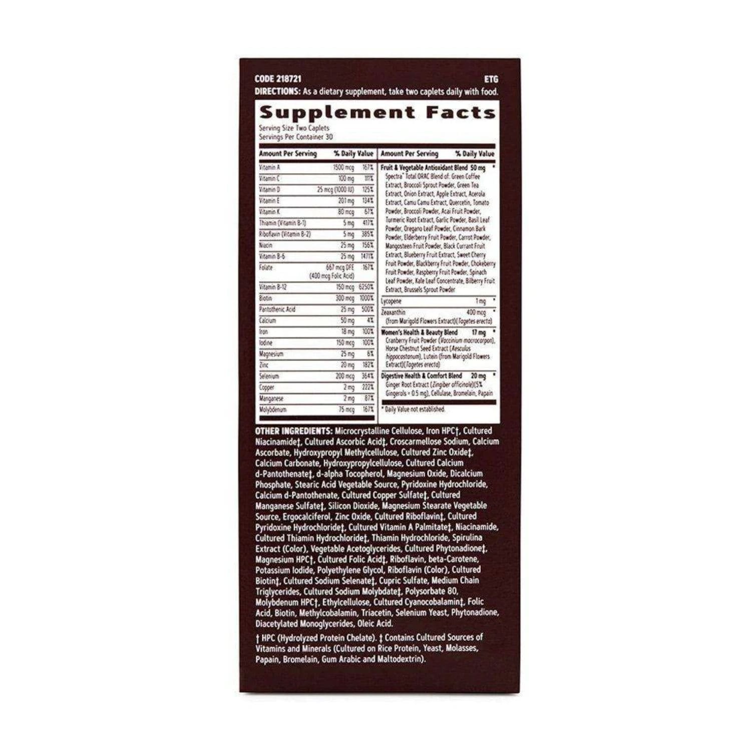 Supplement facts label of GNC Earth Genius Women's Multivitamin 60 caplets showing whole-food ingredients.