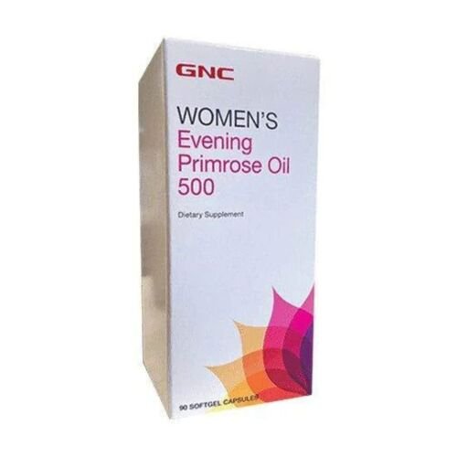 Front label of GNC Evening Primrose Oil 500mg 90 softgels showing premium women's health supplement