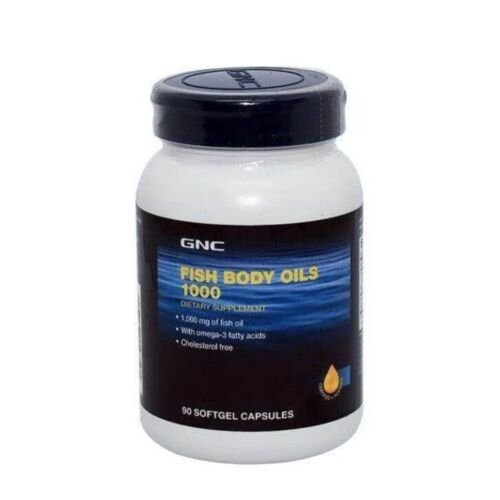 Front view of GNC Fish Body Oil 1000 bottle containing 90 omega-3 softgels for heart and joint health support.