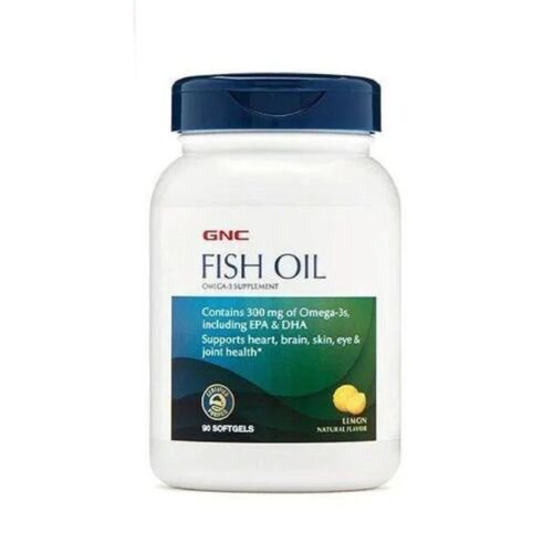 "Front bottle label of GNC Fish Oil Omega-3 containing 90 dietary supplement softgels for heart and joint health support."