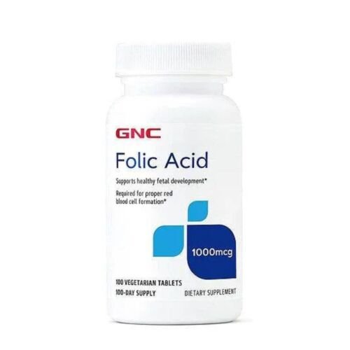 Front view of GNC Folic Acid 1000mcg dietary supplement bottle containing 100 tablets, showing the official packaging and label details.