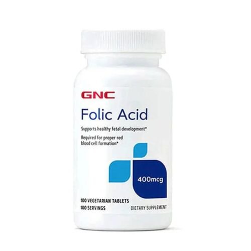 Front view of GNC Folic Acid 400mcg dietary supplement bottle containing 100 tablets for prenatal health and prenatal support.