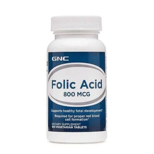 Front view of GNC Folic Acid 800mcg dietary supplement bottle containing 100 tablets for prenatal health.