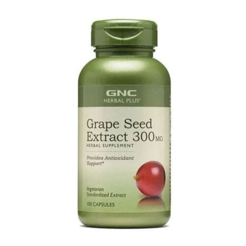 Front view of GNC Grape Seed Extract 300mg herbal supplement bottle, showcasing the label details