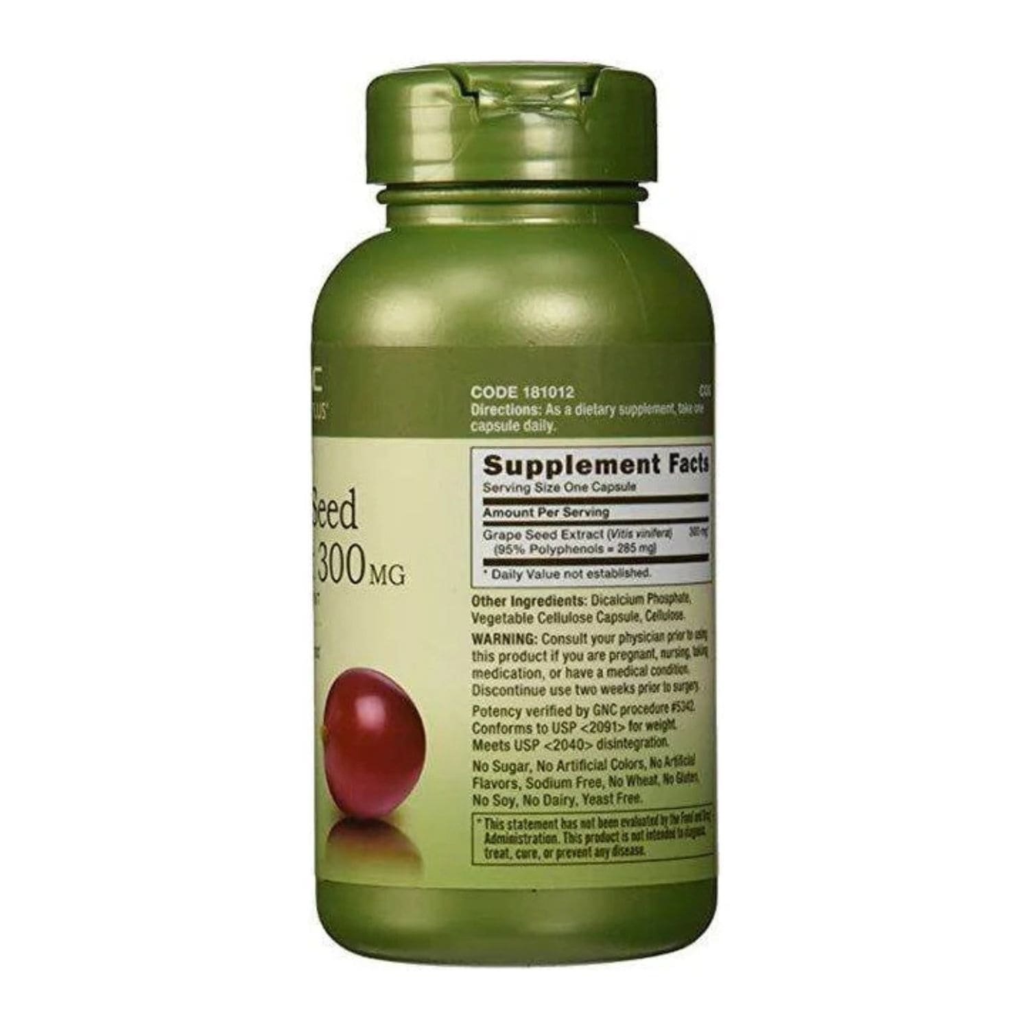 Supplement facts label of GNC Grape Seed Extract 300mg showing dietary ingredients