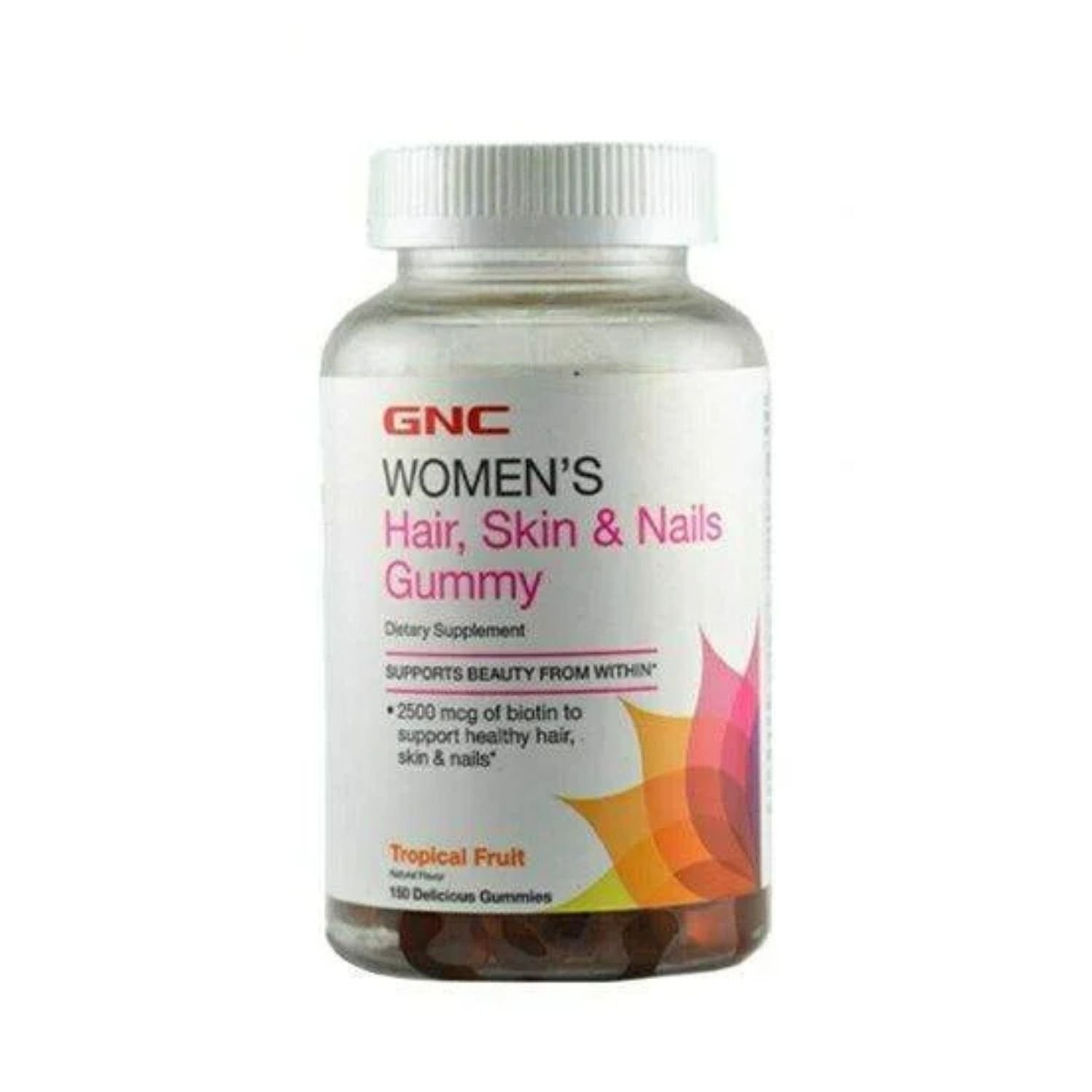 Front view of GNC Hair Skin and Nails dietary supplement gummies 150-count mini bottle