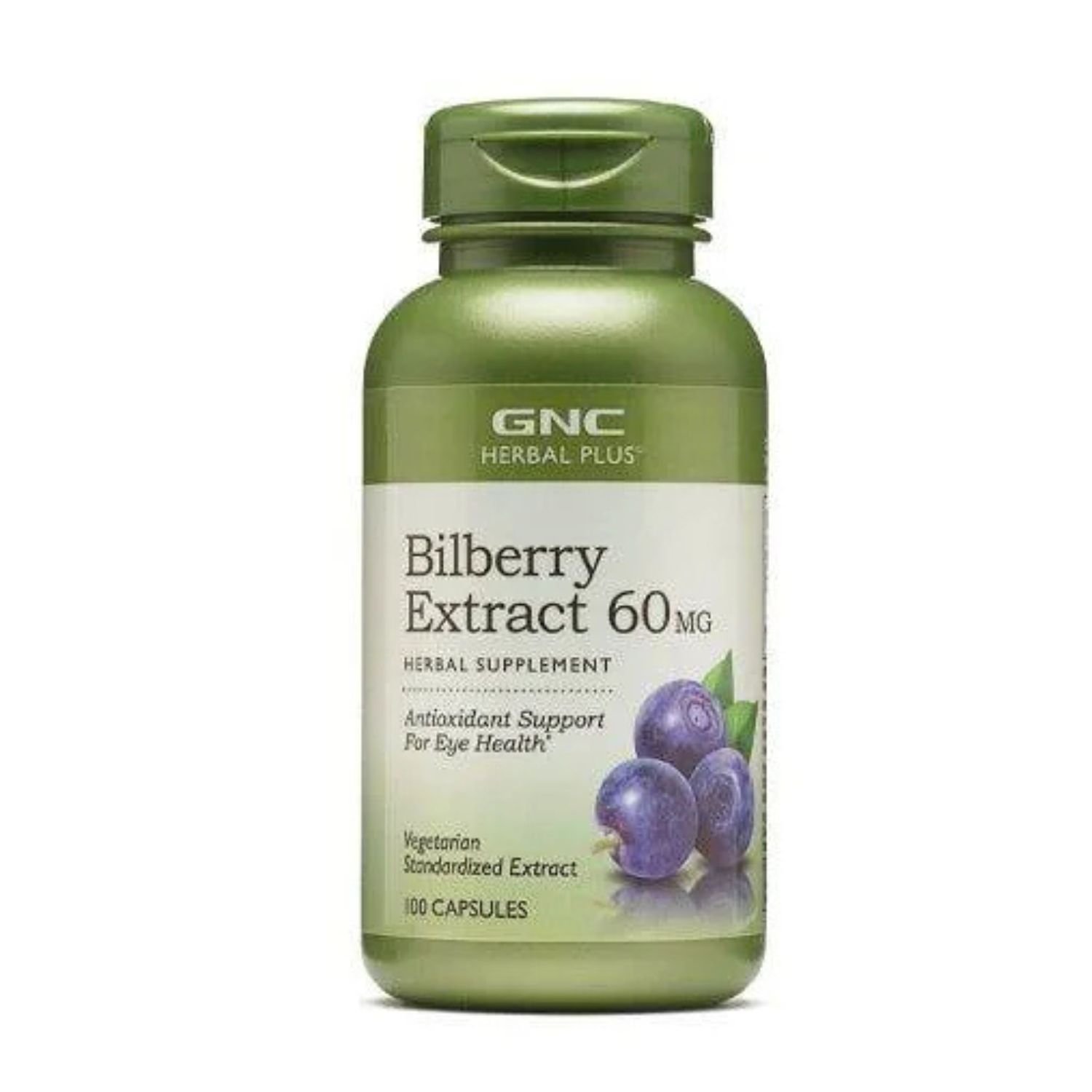 Front view of GNC Herbal Bilberry Extract 60mg supplement bottle containing 100 capsules for eye health support.