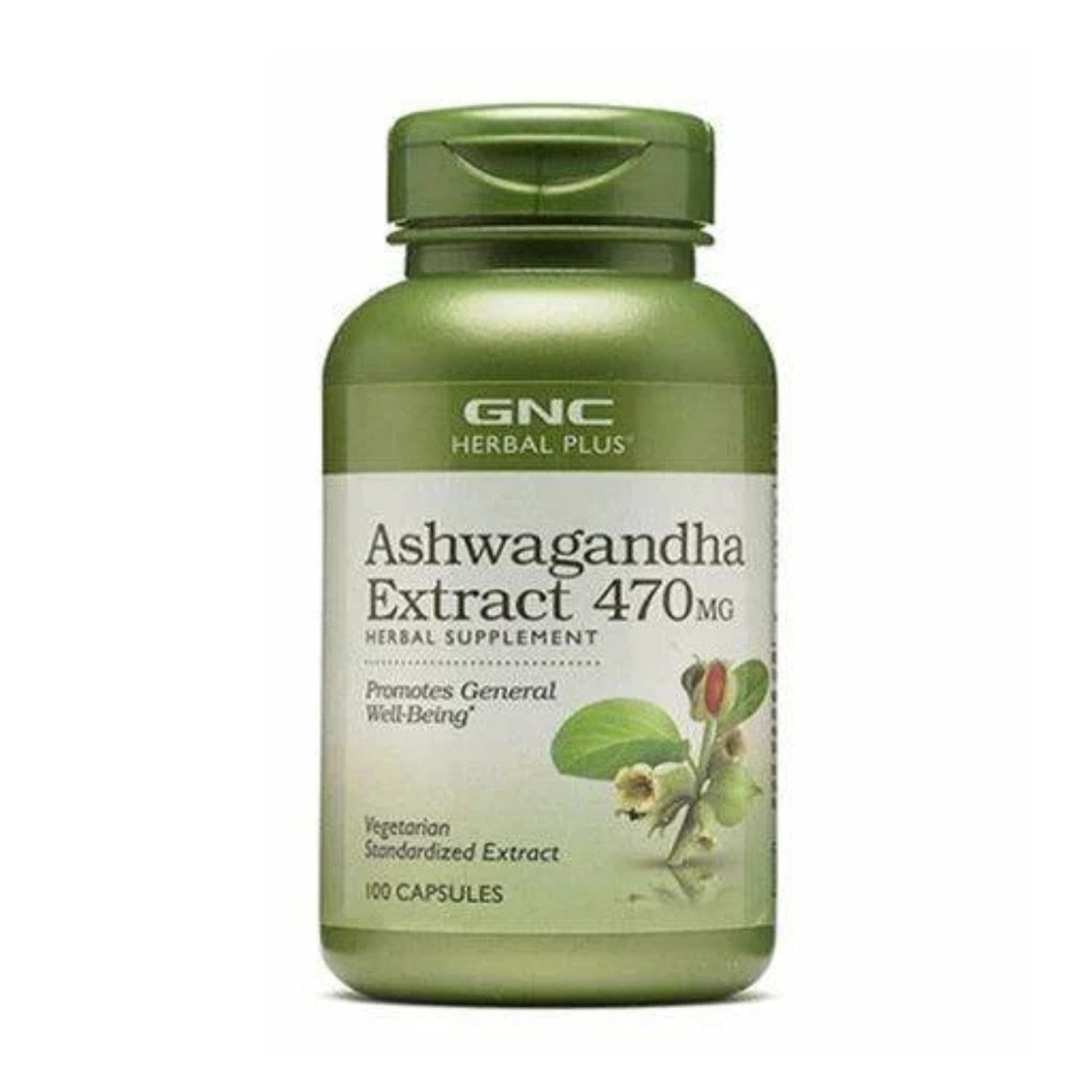 Front view of GNC Herbal Plus Ashwagandha 470mg dietary supplement bottle,