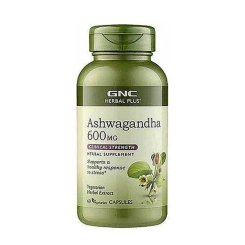 Front view of GNC Herbal Plus Ashwagandha 600mg dietary supplement bottle