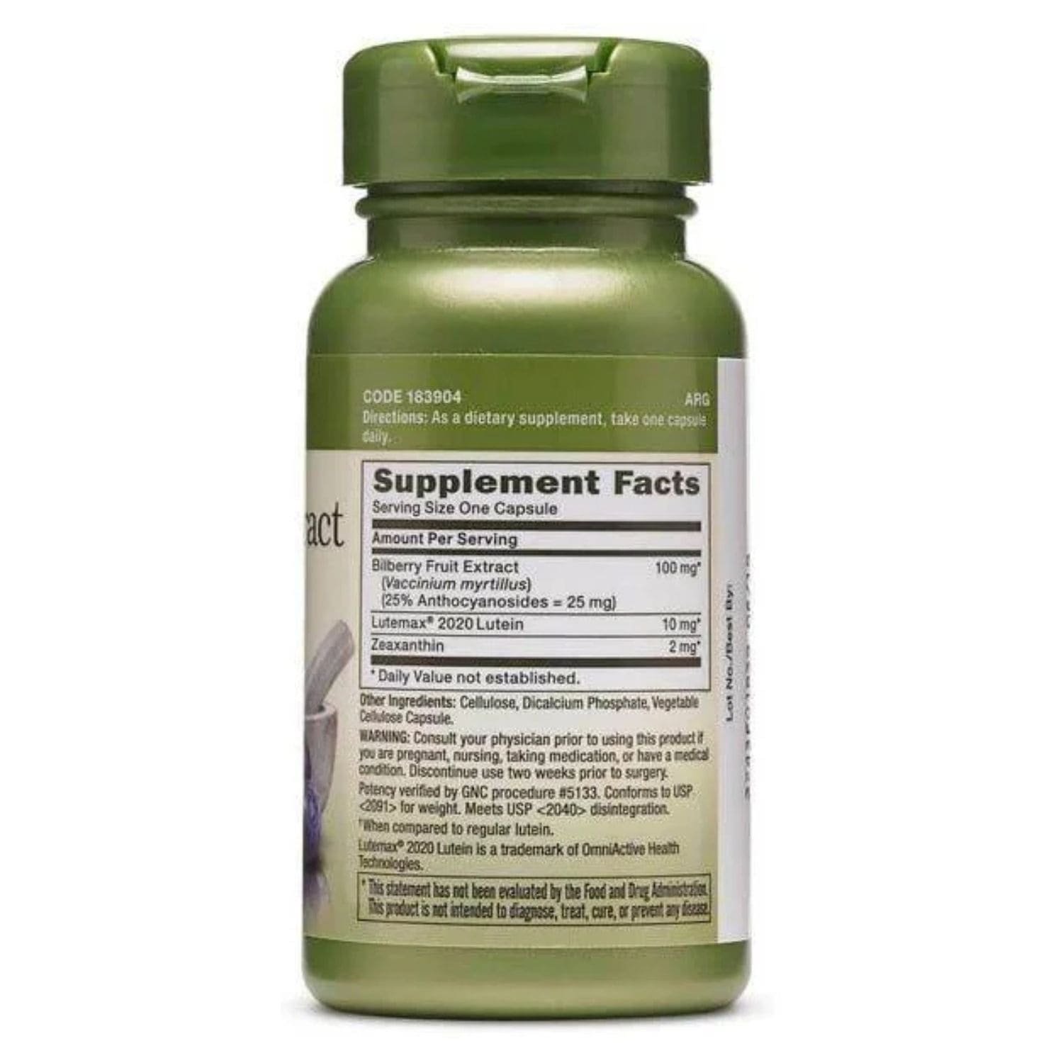 Supplement facts label of GNC Herbal Plus Bilberry Extract and Lutein 60 capsules showing dietary ingredients