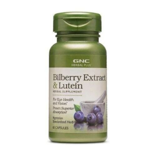 Front view of GNC Herbal Plus Bilberry Extract and Lutein 60 capsules bottle for eye health support.