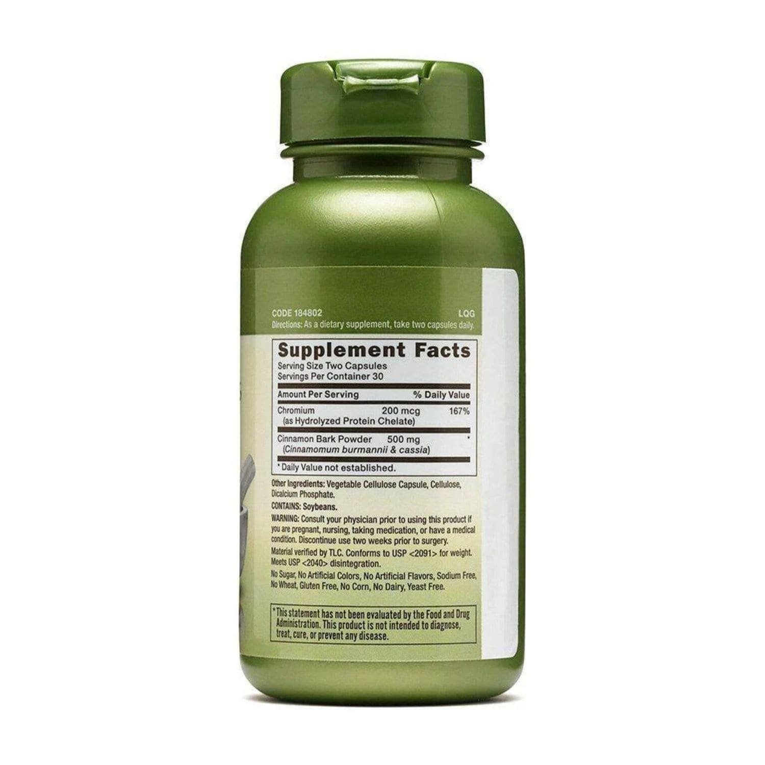Supplement facts label of GNC Herbal Plus Cinnamon and Chromium 60 Capsules showing dietary ingredients,