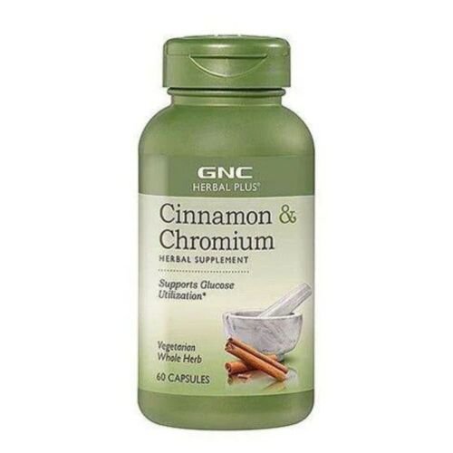 GNC Herbal Plus Cinnamon and Chromium 60 capsules bottle front view for blood sugar support