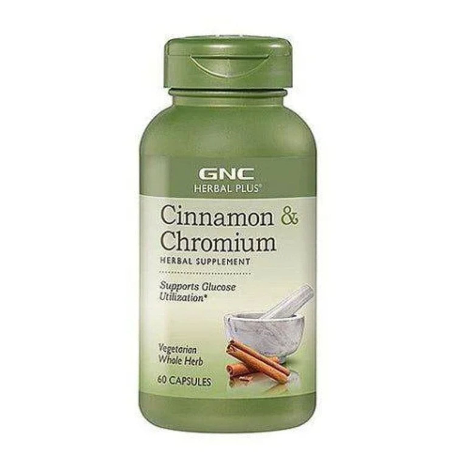 GNC Herbal Plus Cinnamon and Chromium 60 capsules bottle front view for blood sugar support