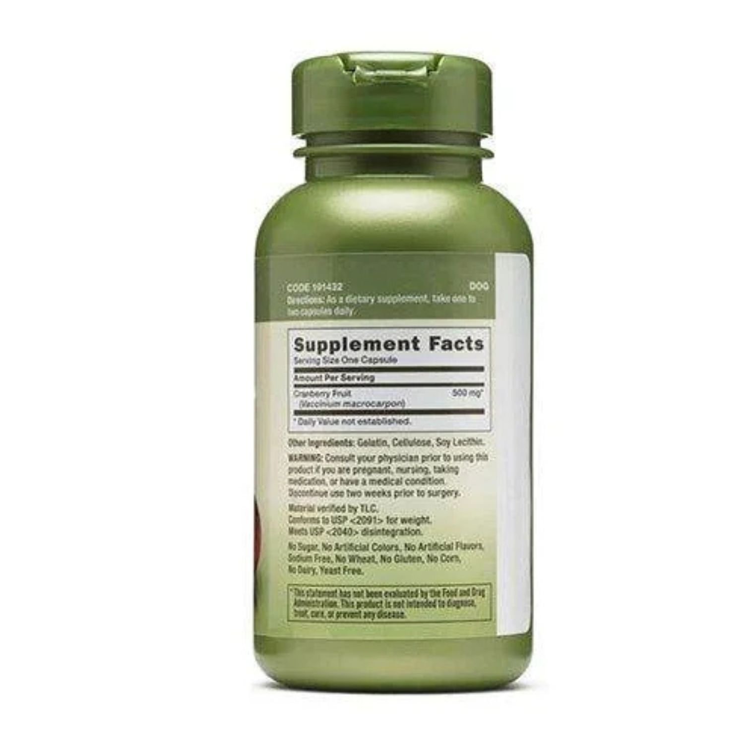 Supplement facts label of GNC Herbal Plus Cranberry 500mg showing cranberry