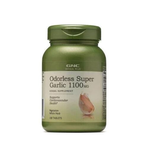 Front view of GNC Herbal Plus Odorless Super Garlic 1100mg dietary supplement bottle with 100 tablets