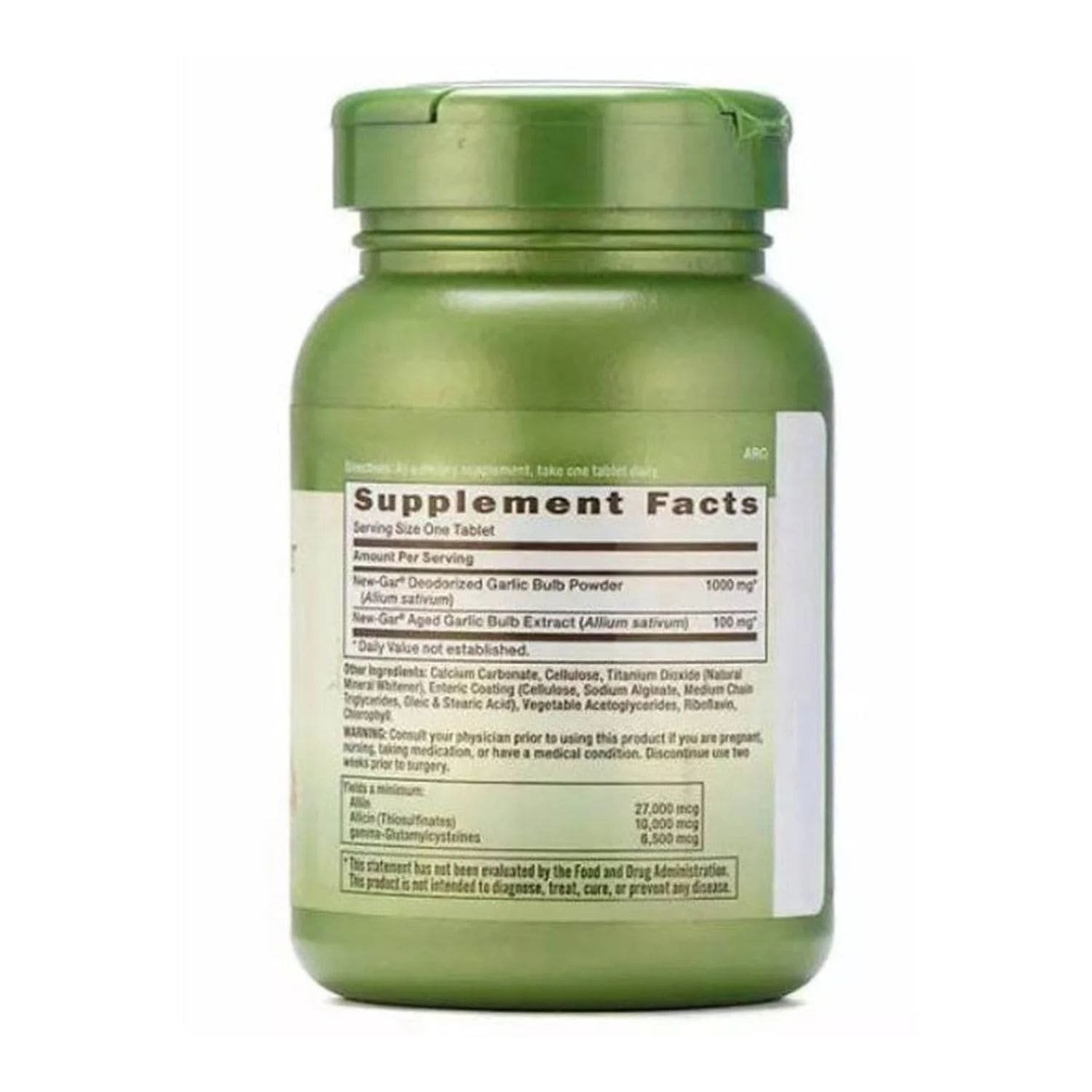 Supplement facts panel of GNC Herbal Plus Odorless Super Garlic 1100mg showing nutrition facts