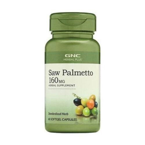Front packaging bottle of GNC Herbal Plus Saw Palmetto 160mg dietary supplement with 60 softgels for prostate health support