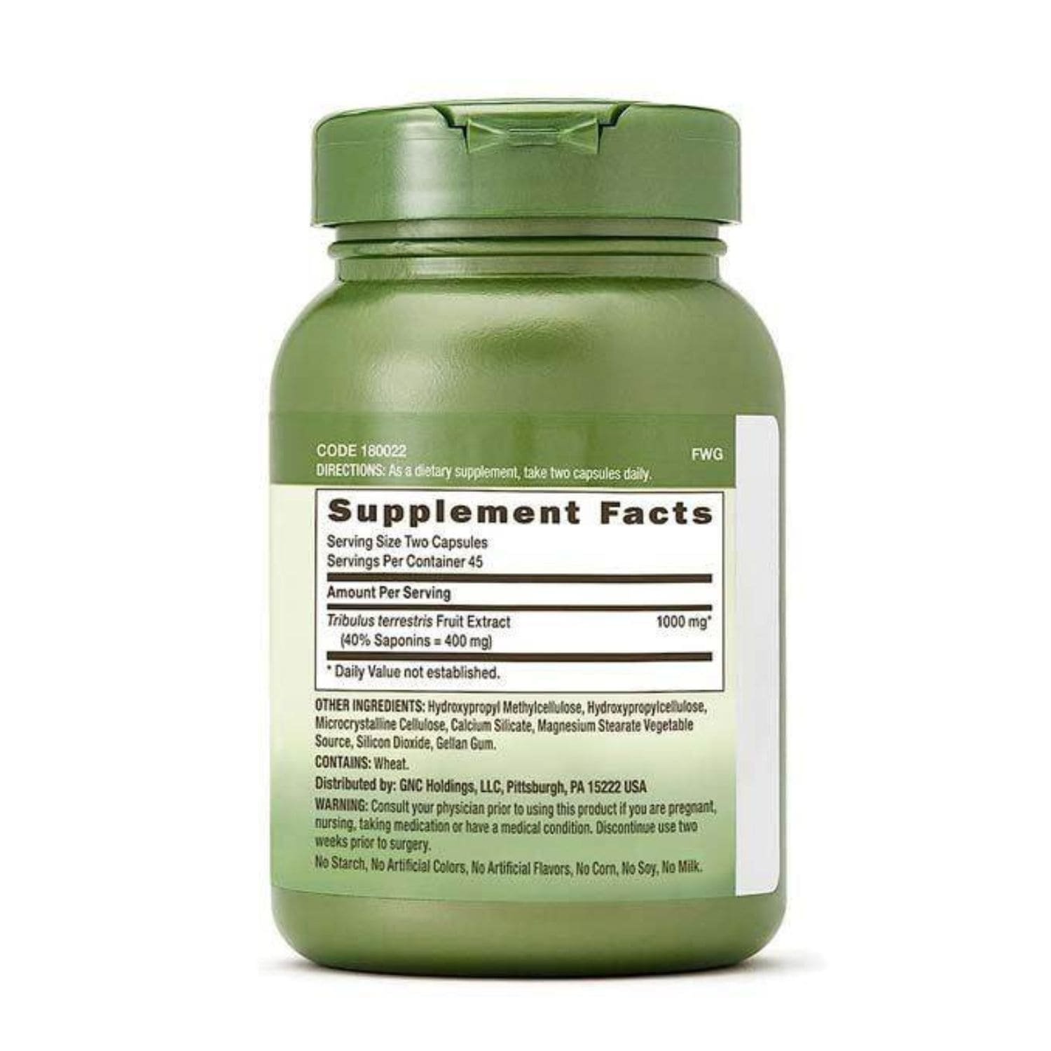 Supplement facts label and ingredients list of GNC Herbal Plus Tribulus 1000 mg 90 capsules