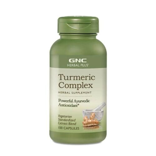 Front shot of GNC Herbal Plus Turmeric Complex bottle with 100 capsules for joint health and antioxidant support