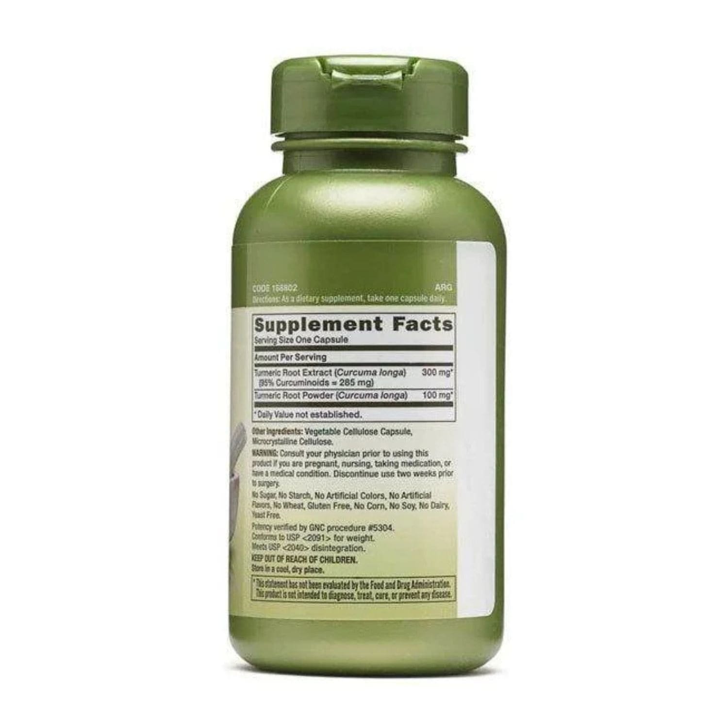 Supplement facts and ingredients label on the back of GNC Herbal Plus Turmeric Complex 100 capsules bottle