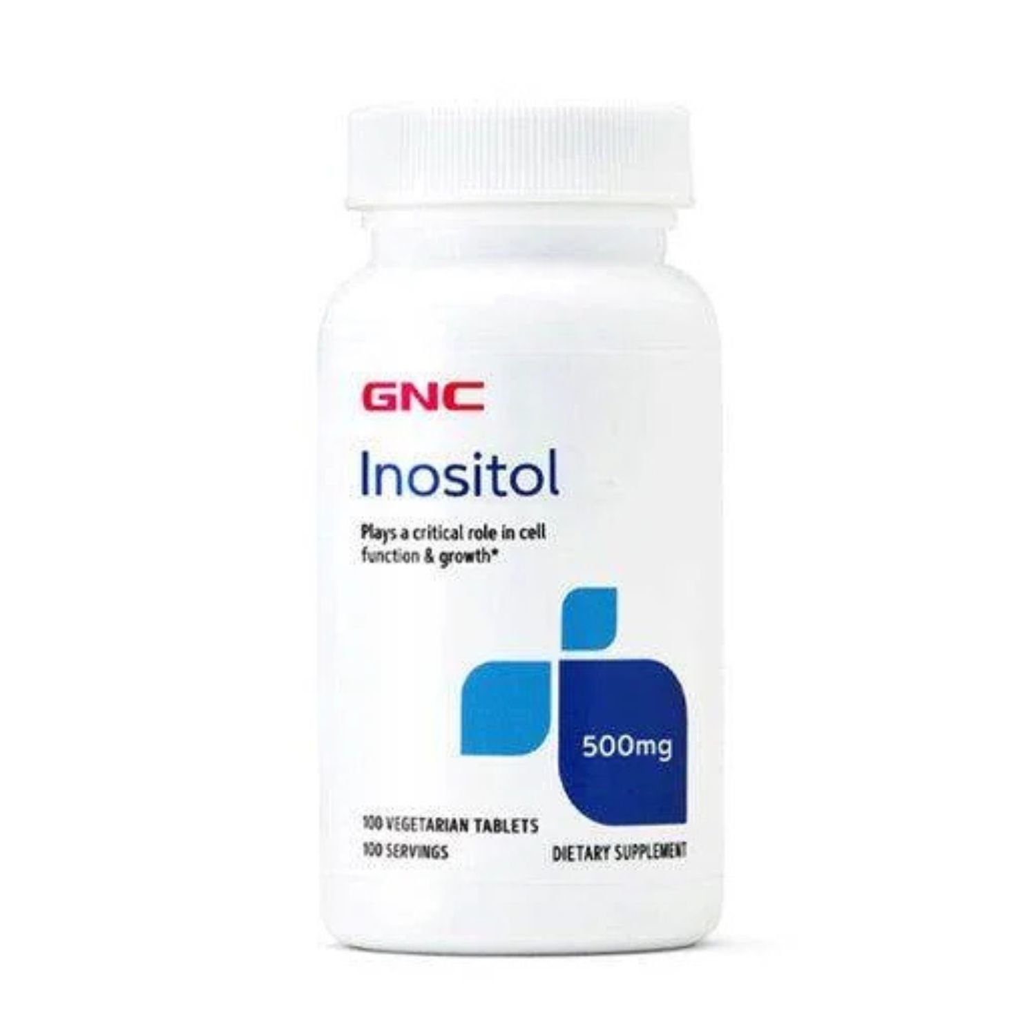 Front packaging of GNC Inositol 500mg dietary supplement bottle containing 100 tablets