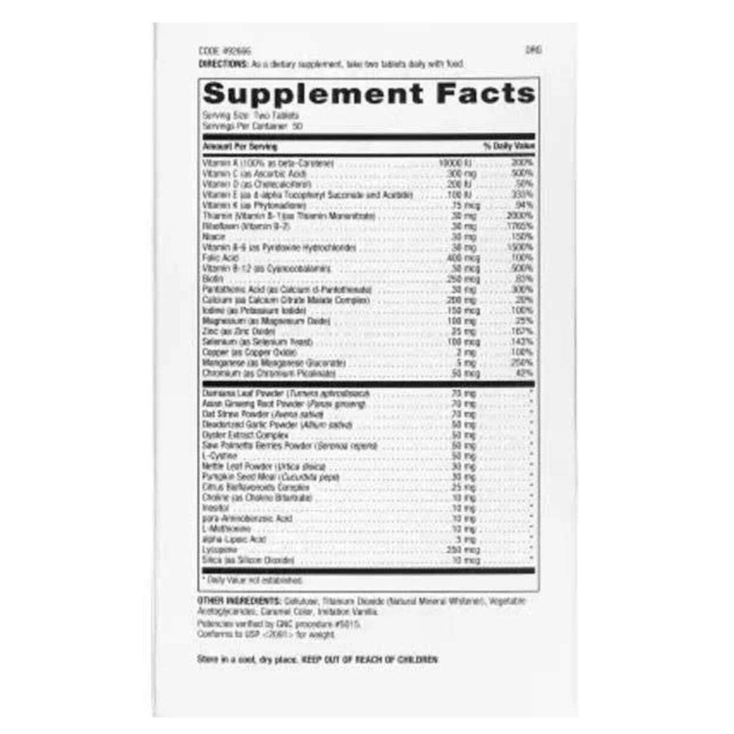 GNC Mega Men Time Release 100 Count supplement facts label showing