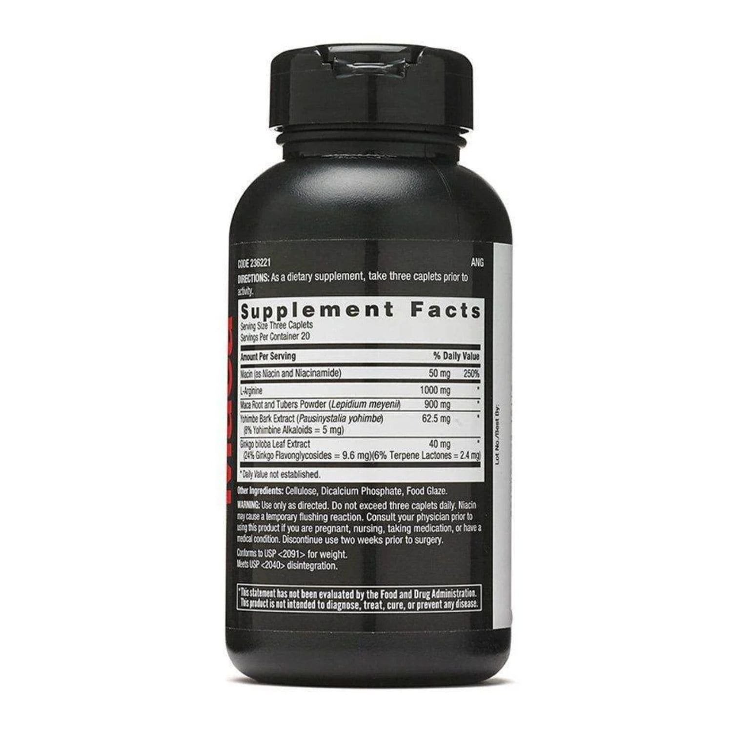 Detailed close-up view of GNC Men’s Maca Man 60 caplets supplement facts