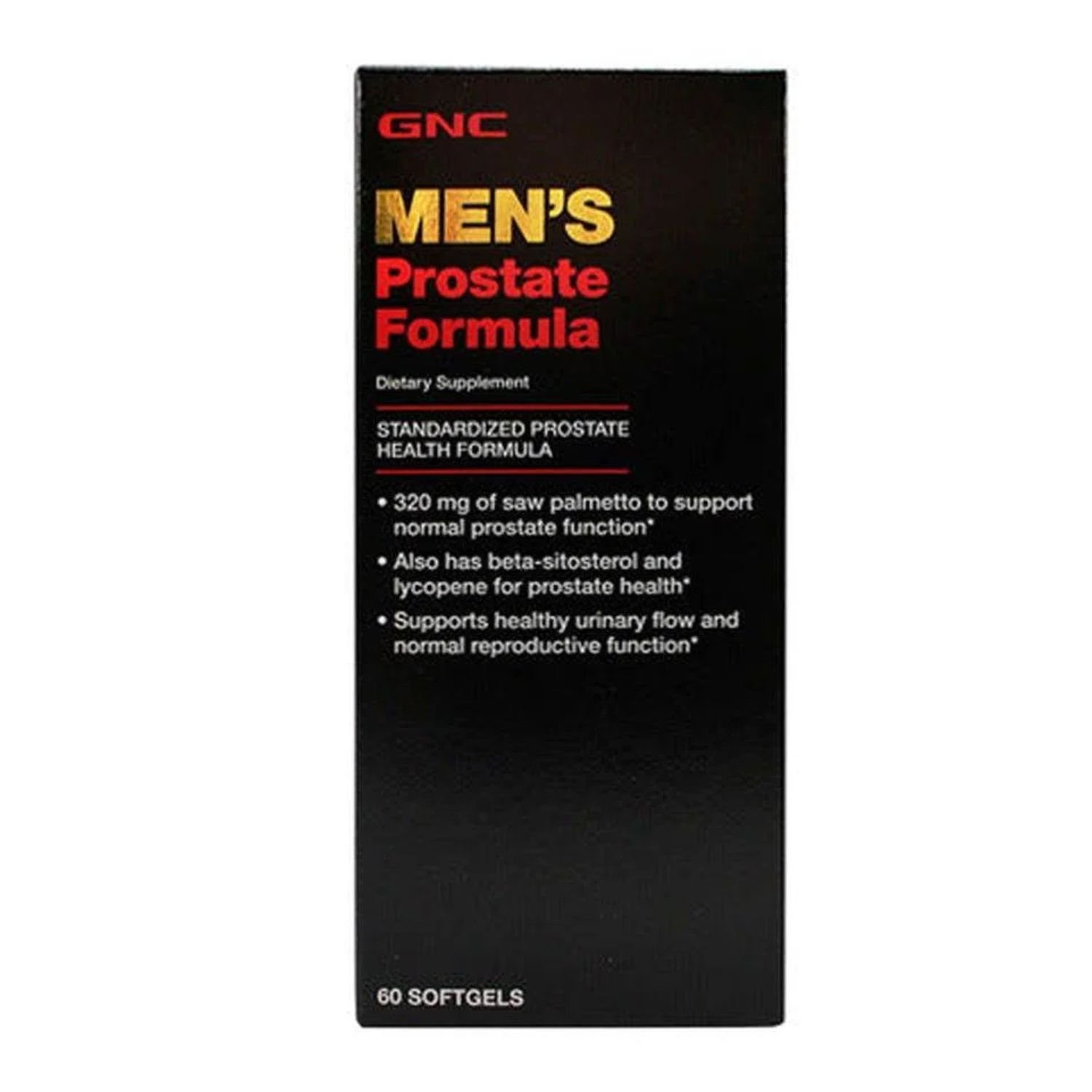 GNC Mens Prostate Formula 60 Softgels bottle front view displaying key ingredients