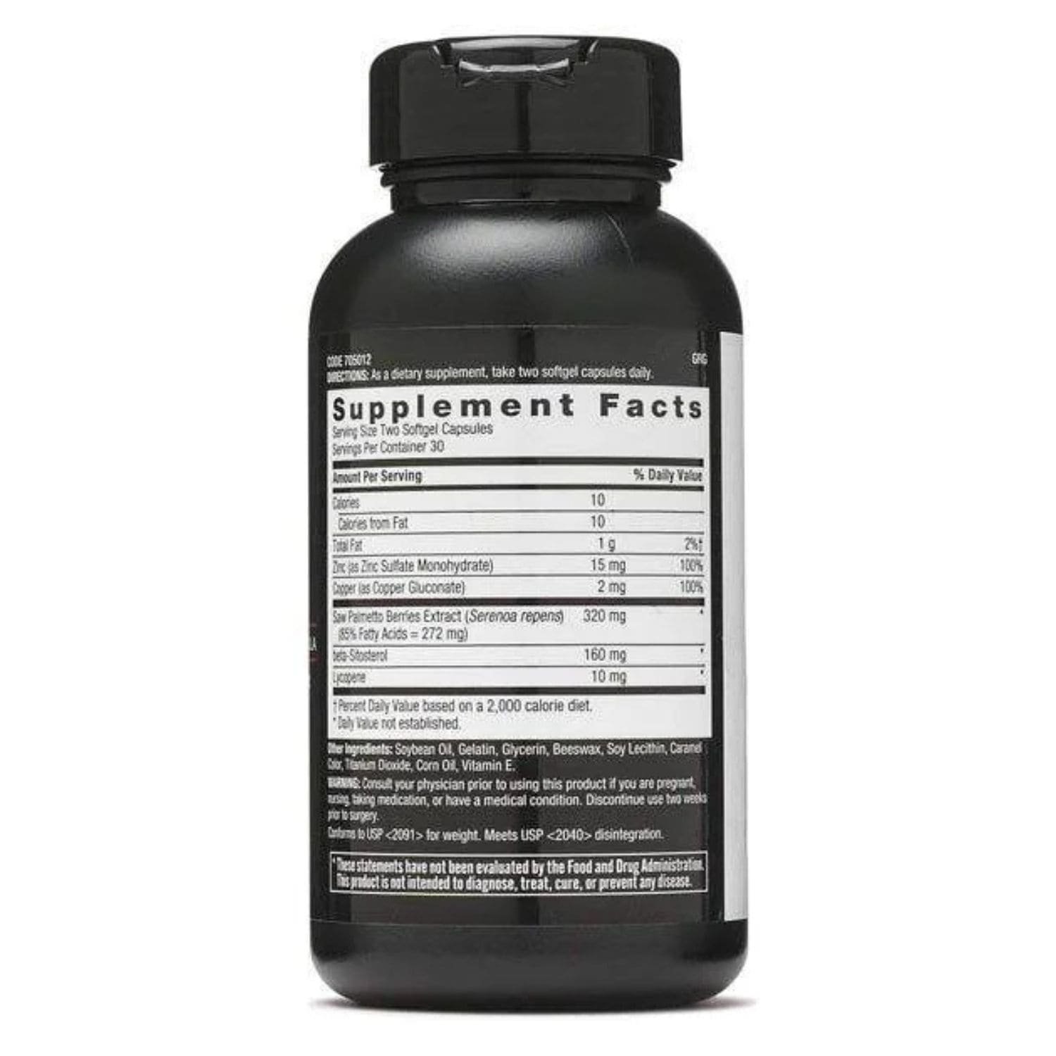 GNC Mens Prostate Formula 60 Softgels supplement facts label showing ingredients list