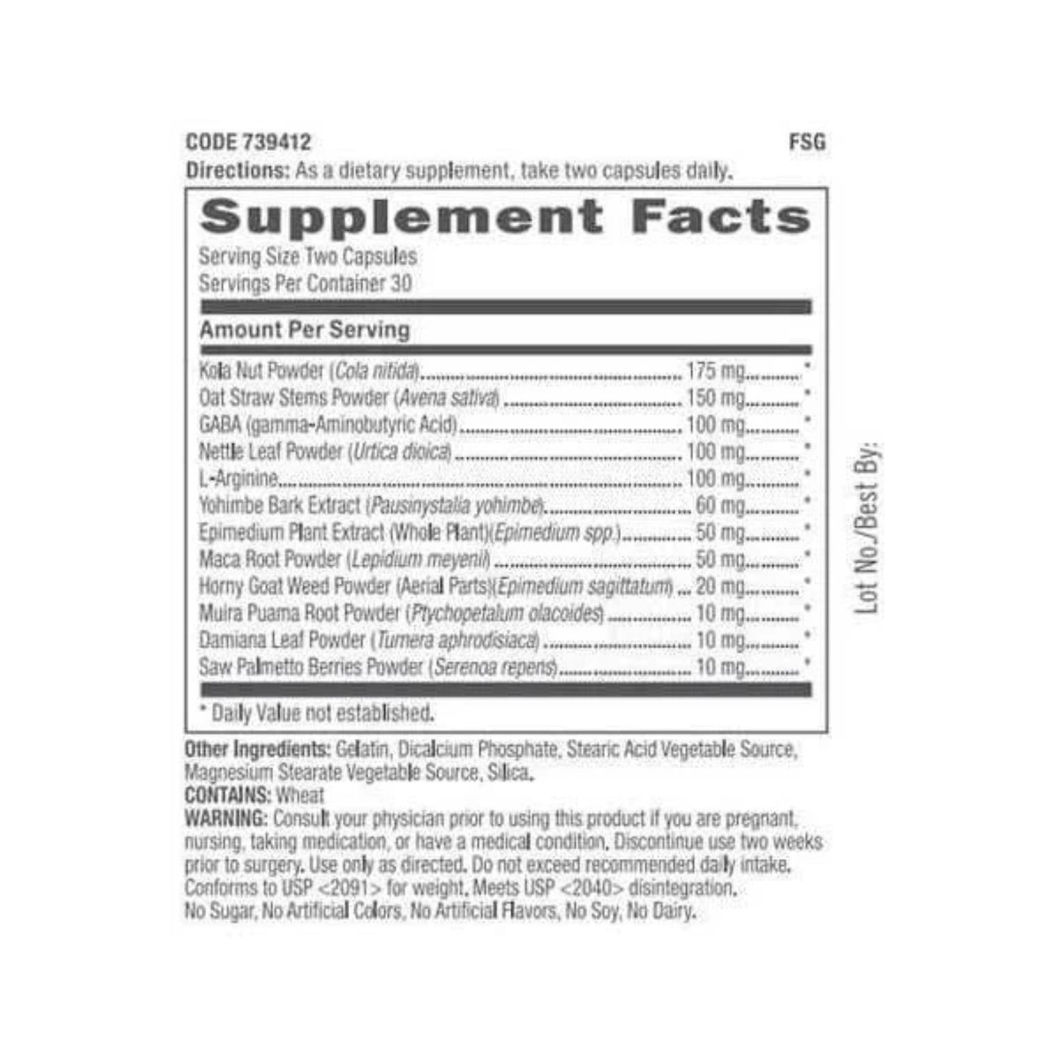 GNC Mens Sexual Health 60 Caplets supplement facts label