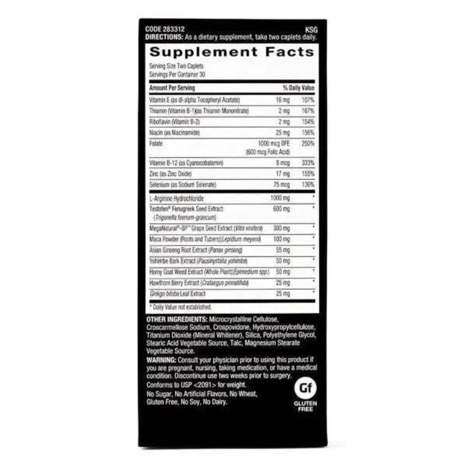 GNC Mens Staminol Ultra 60 Caplets supplement facts label detailing nutritional ingredients