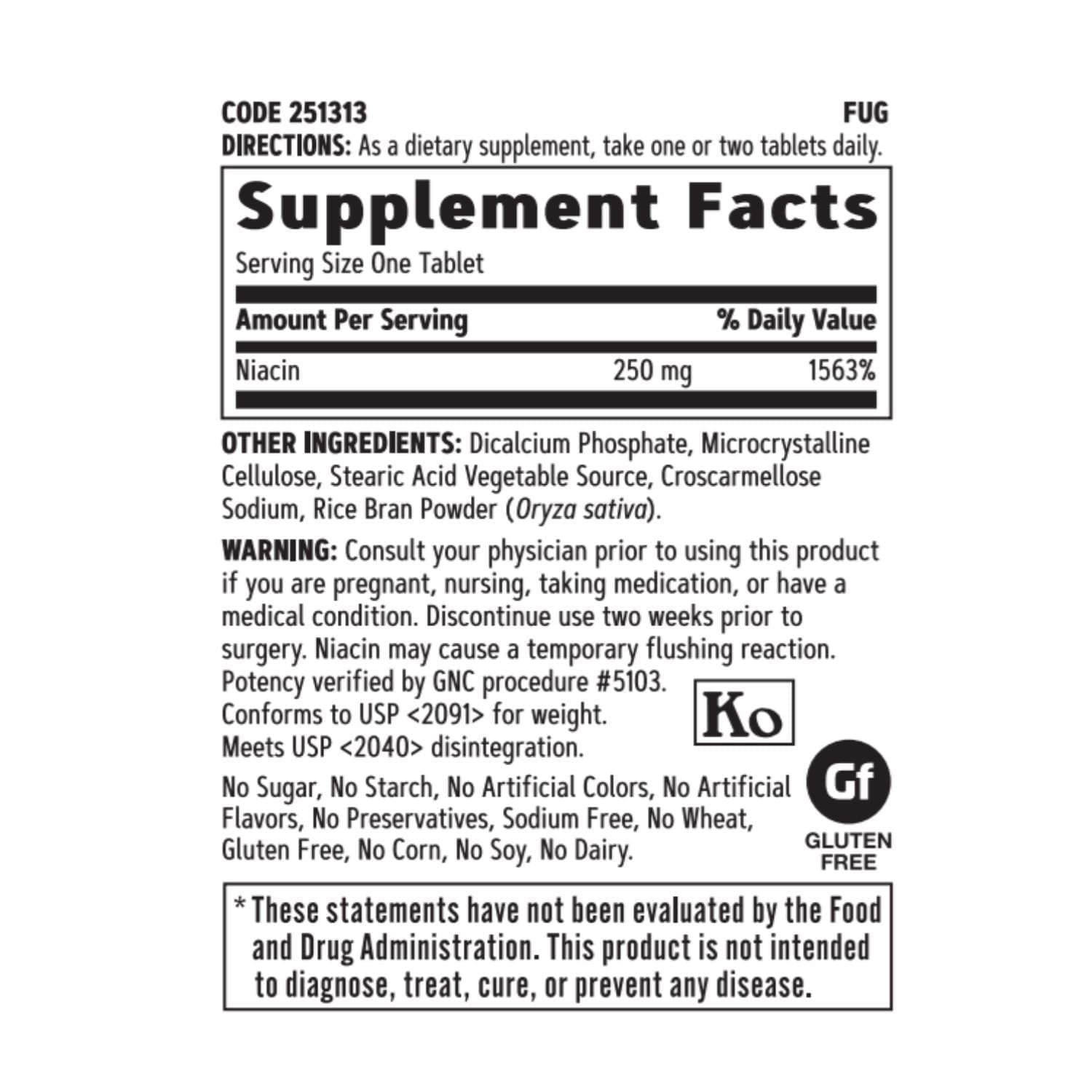 GNC Niacin 250mg 100 tablets ingredient label showing detailed Vitamin B-3