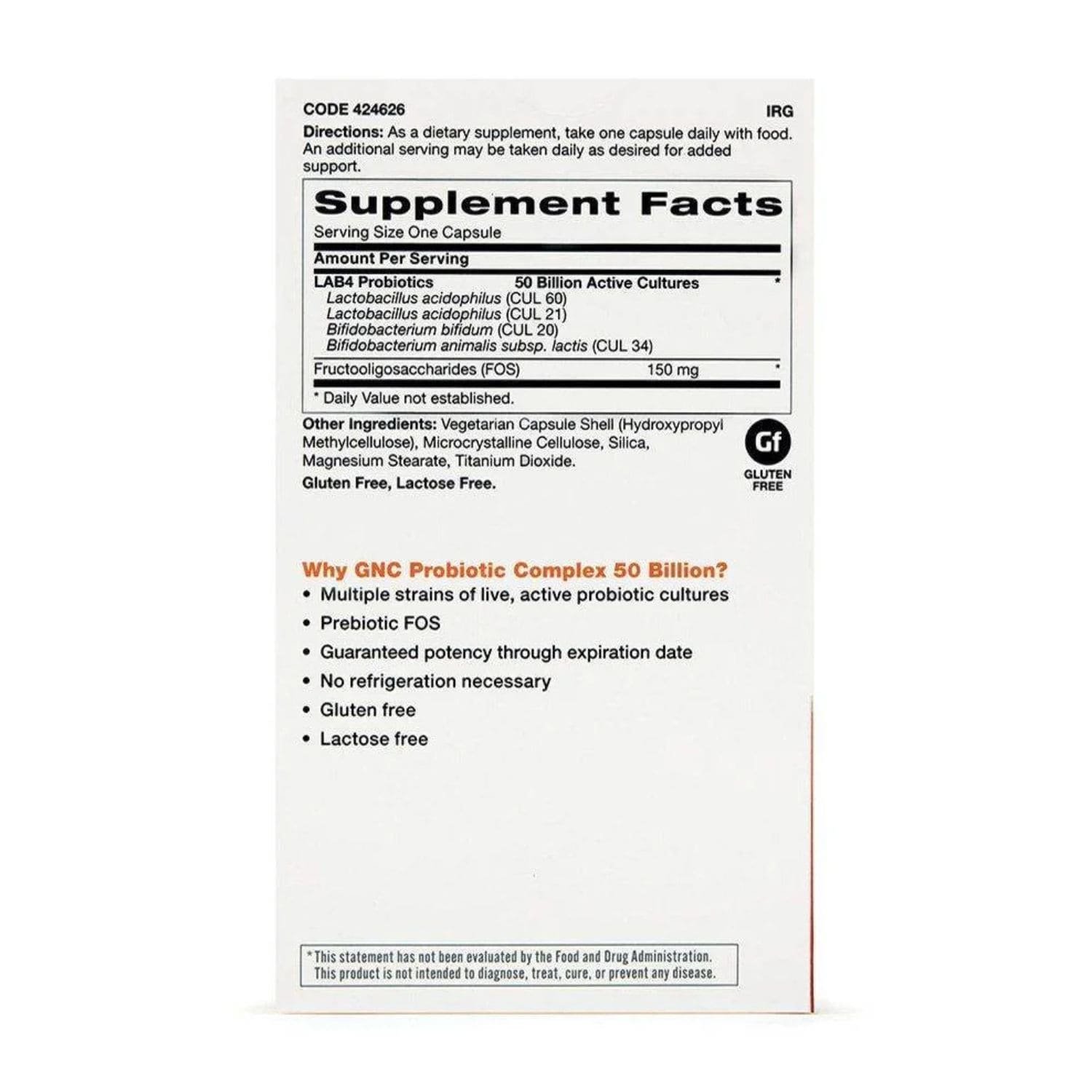 GNC Probiotic Complex 50 Billion CFUs 30 capsules ingredient label