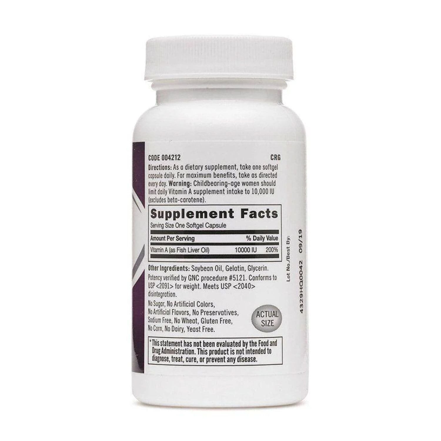 Supplement facts and ingredients label image of GNC Vitamin A 10000 IU 100 Softgels