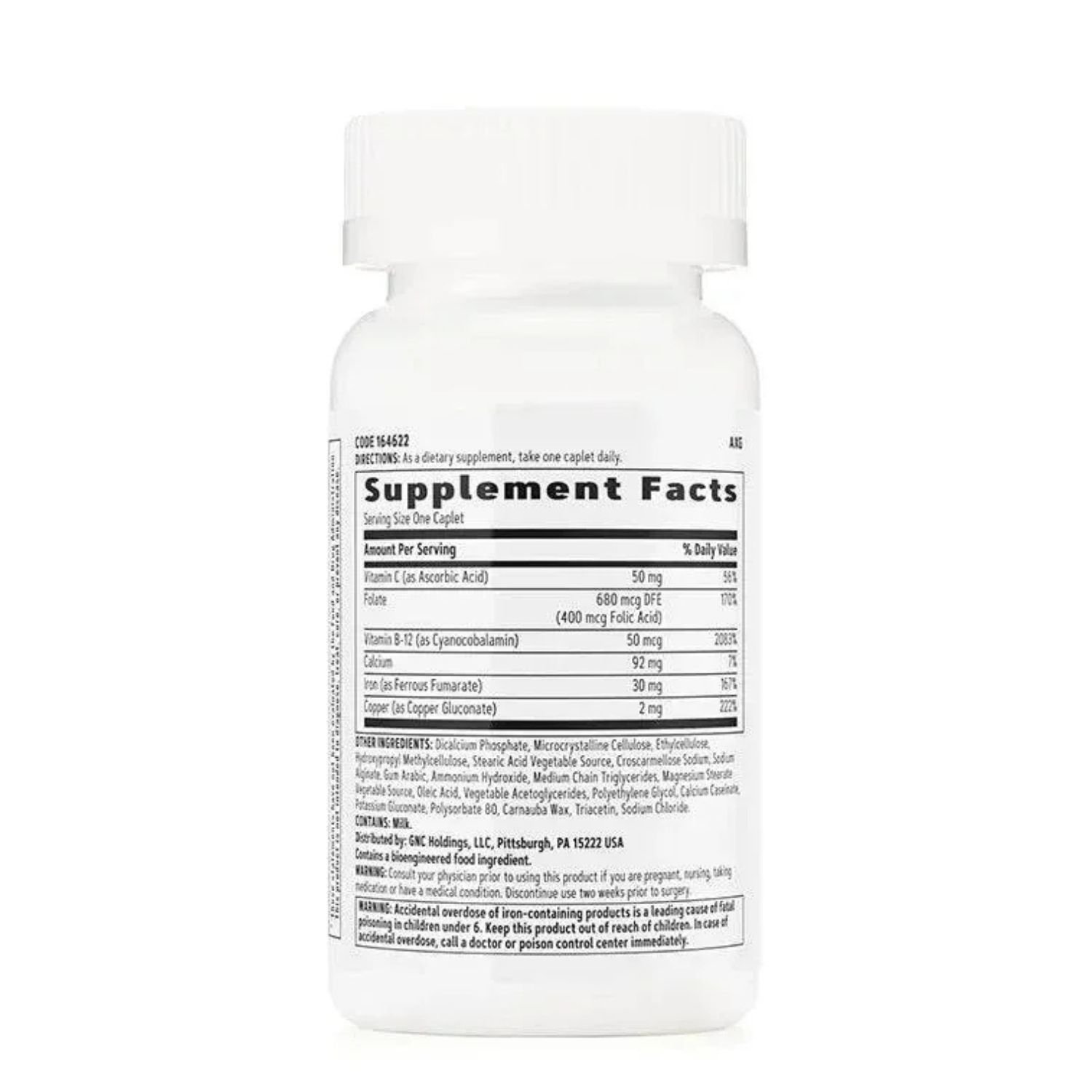 Supplement facts label of GNC Womens Iron Complete 60 Caplets