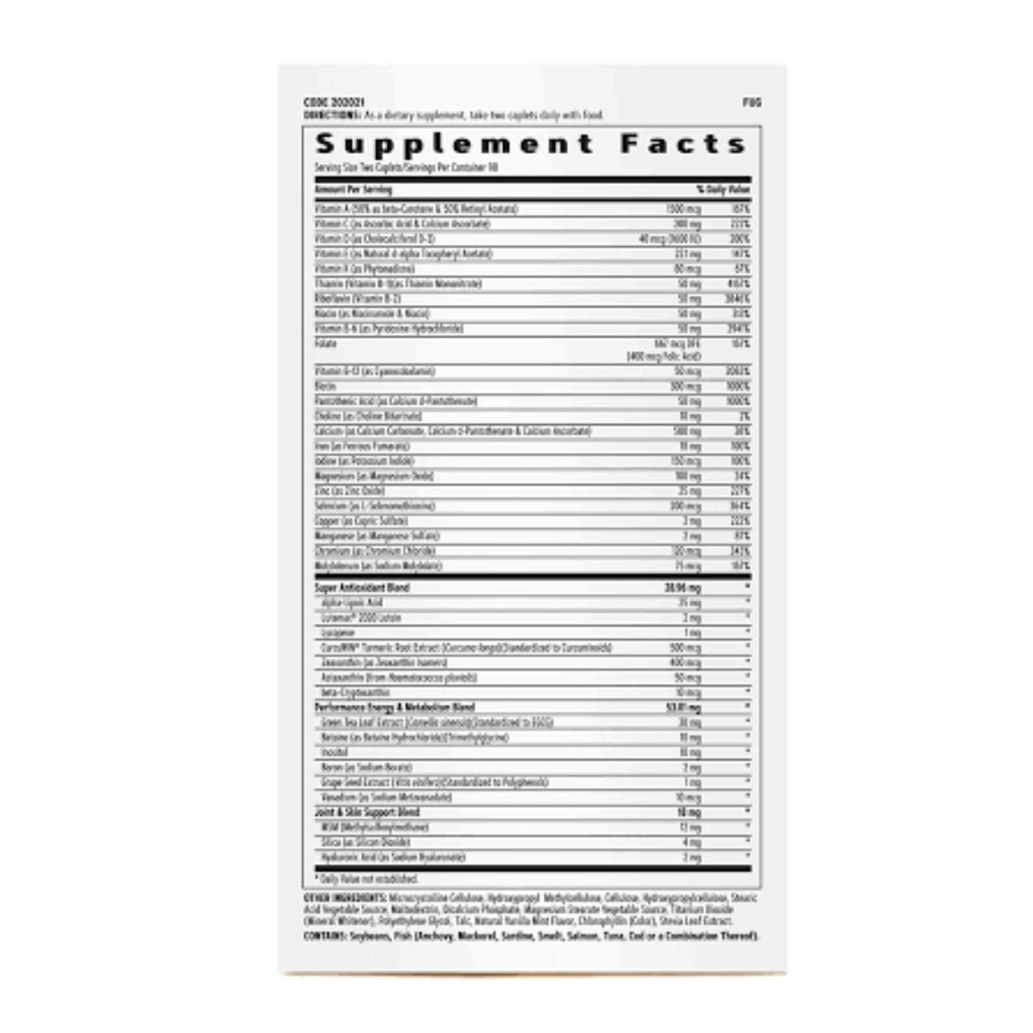 Supplement facts label of GNC Womens Multivitamin Active 90 Caplets