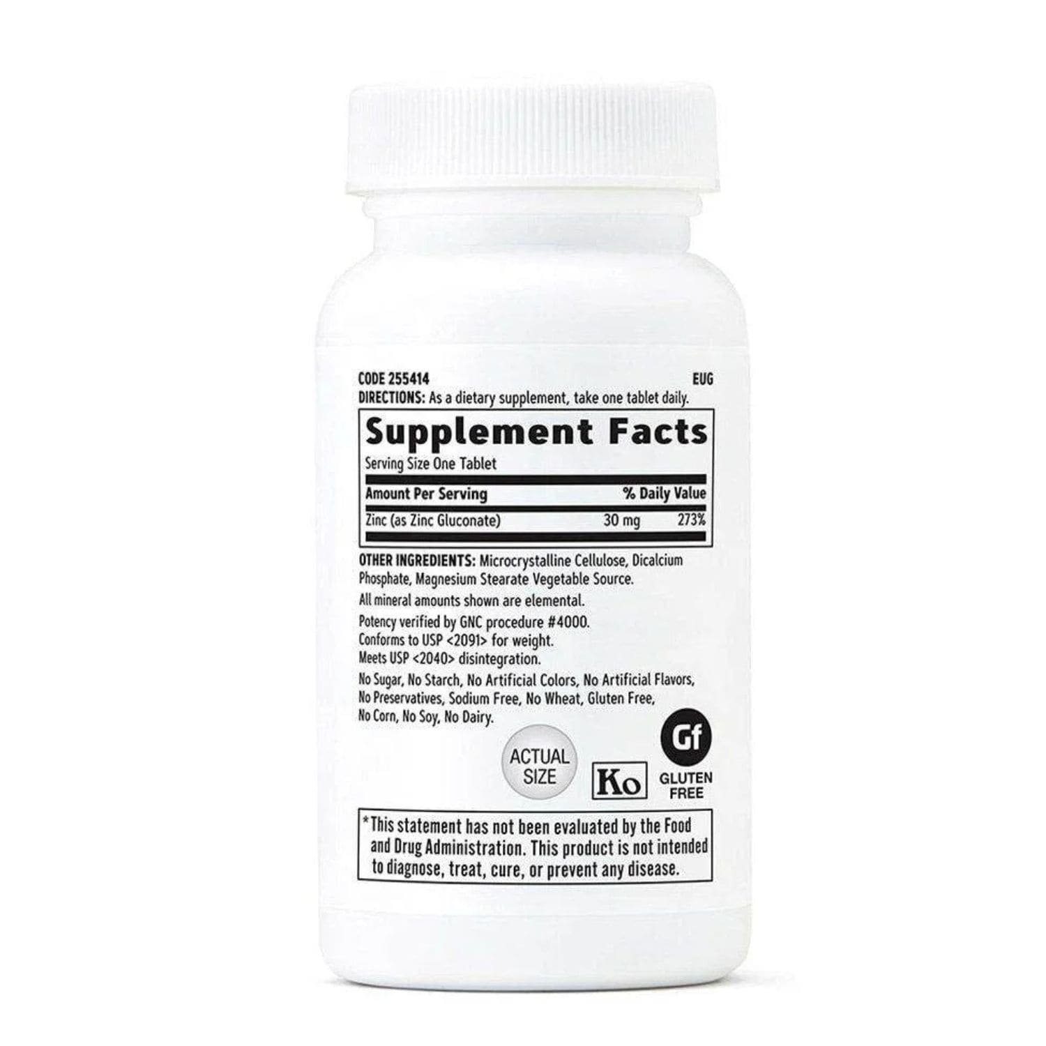 GNC Zinc 30mg 100 tablets ingredients and supplement facts label