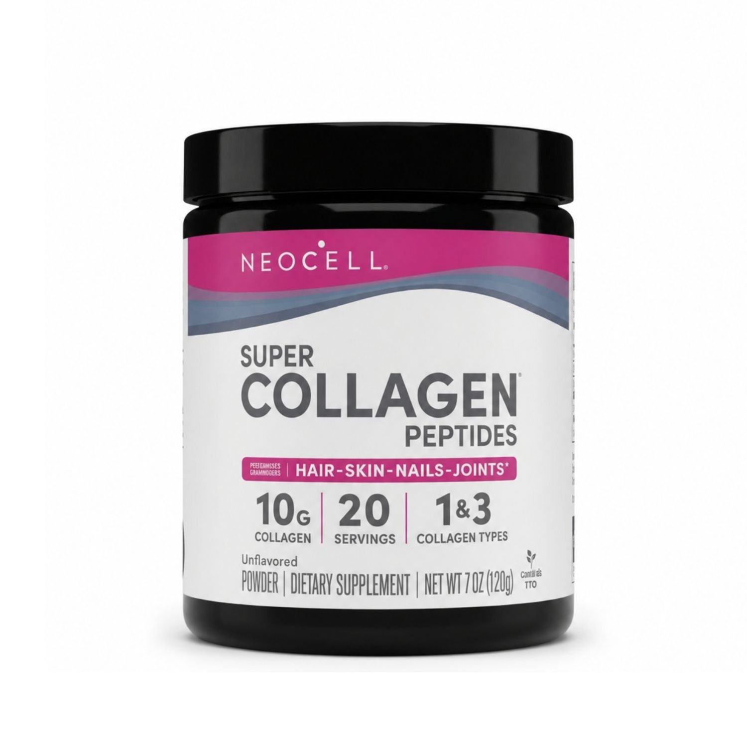 A front-facing photograph of the NeoCell Super Collagen Peptides Powder tub, Unflavored, in a 198g (7oz)