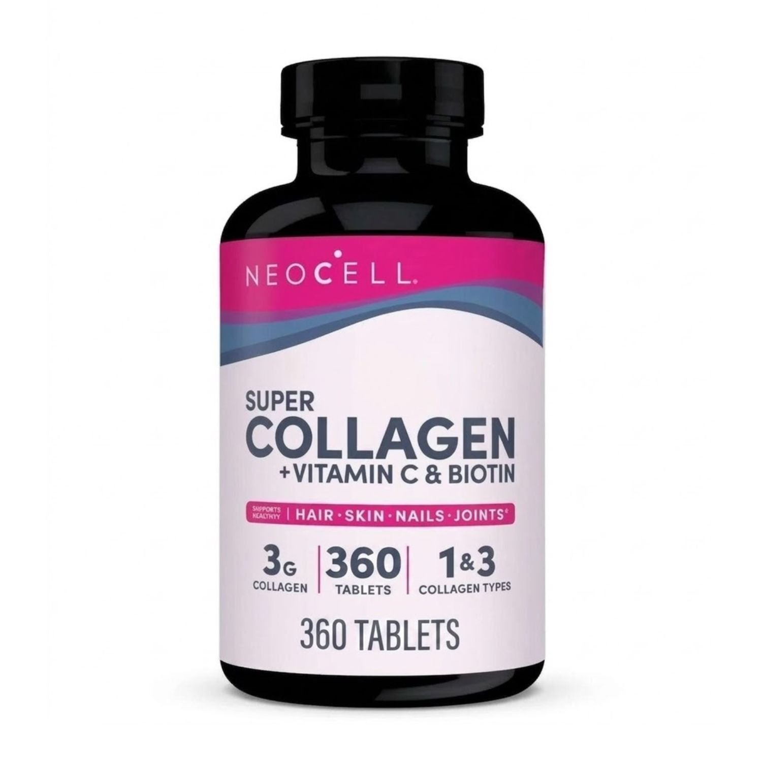 Front view of Neocell Super Collagen + Vitamin C & Biotin bottle containing 360 tablets