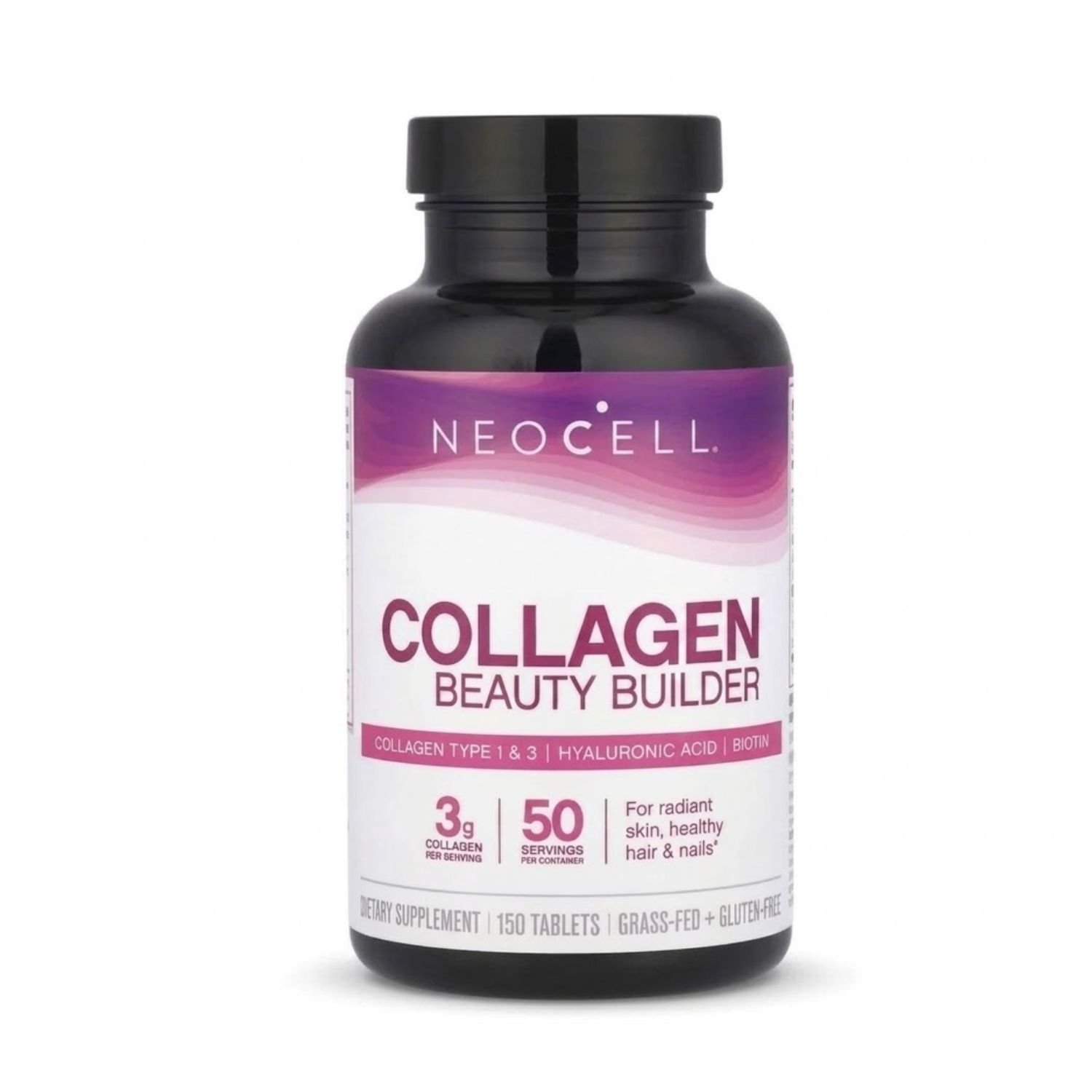 A bottle of Neocell Super Beauty Builder featuring 3g of bovine collagen type 1 & 3, hyaluronic acid, and biotin
