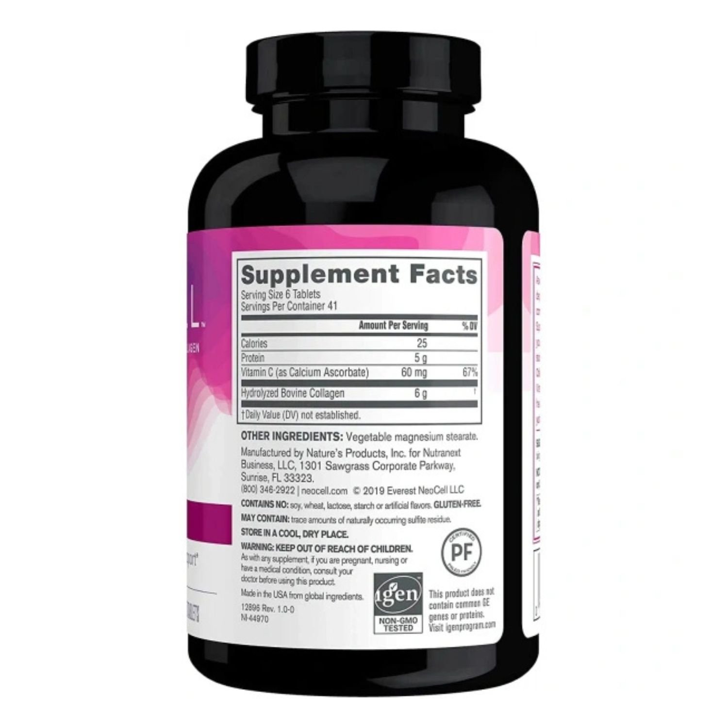 Supplement facts and ingredients label for NeoCell Super Collagen + Vitamin C 250 tablets