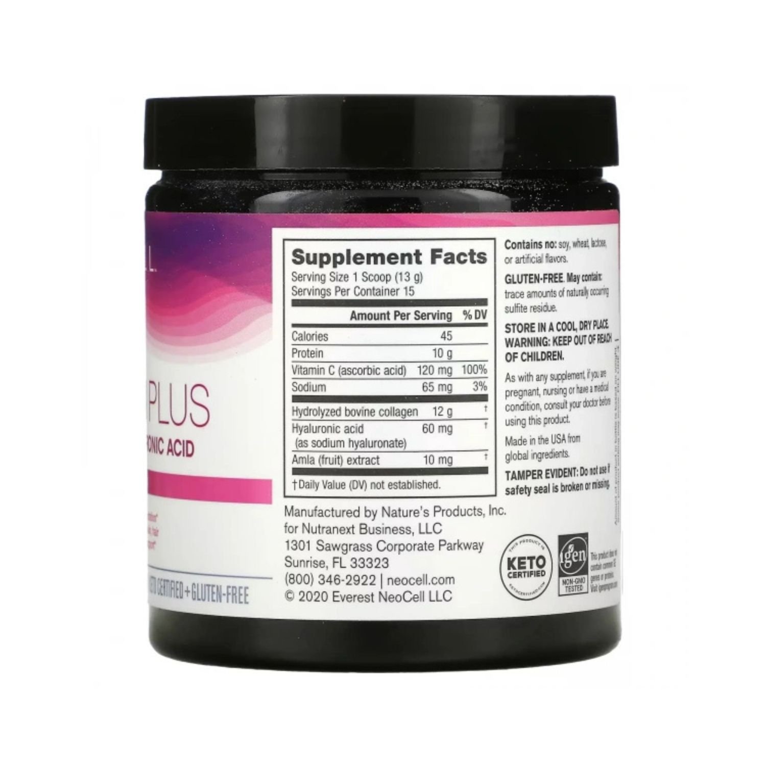 Close-up of NeoCell Super Collagen Plus Vitamin C and Biotin 195g nutrition facts and ingredients label showing hydrolyzed bovine collagen