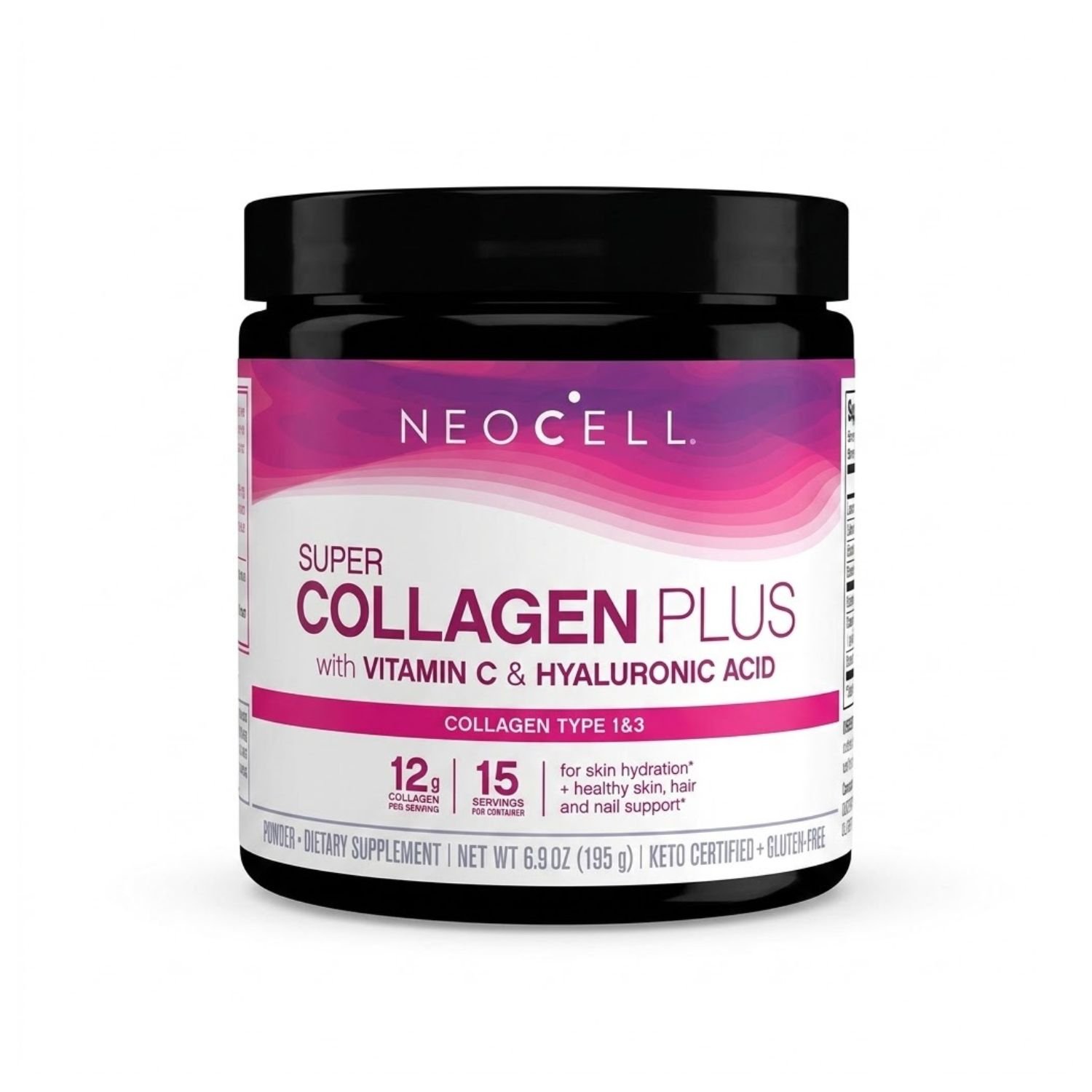 Neocell Super Collagen Plus Vitamin C and Biotin 195g powder tub for skin, hair, and joint support.