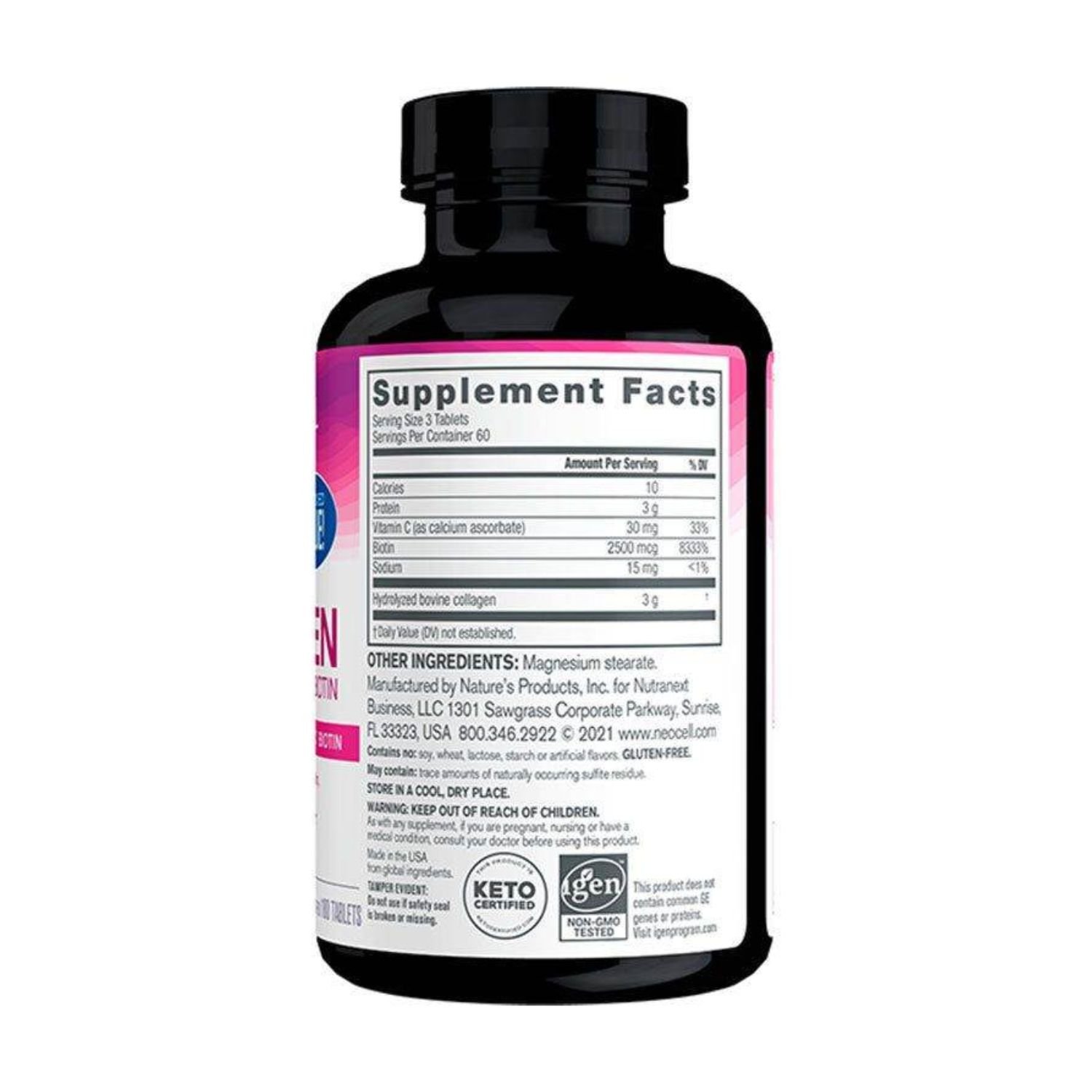 Supplement facts and ingredients label for Neocell Super Collagen + Vitamin C with Biotin