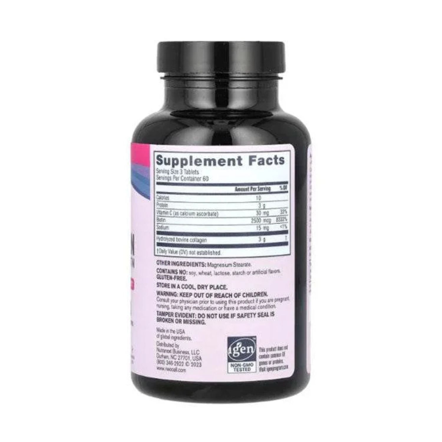 Supplement facts label for NeoCell Super Collagen with Vitamin C and Biotin 180 tablets