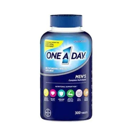 Professional product shot of One A Day Men’s Health Formula multivitamin bottle containing 300 tablets