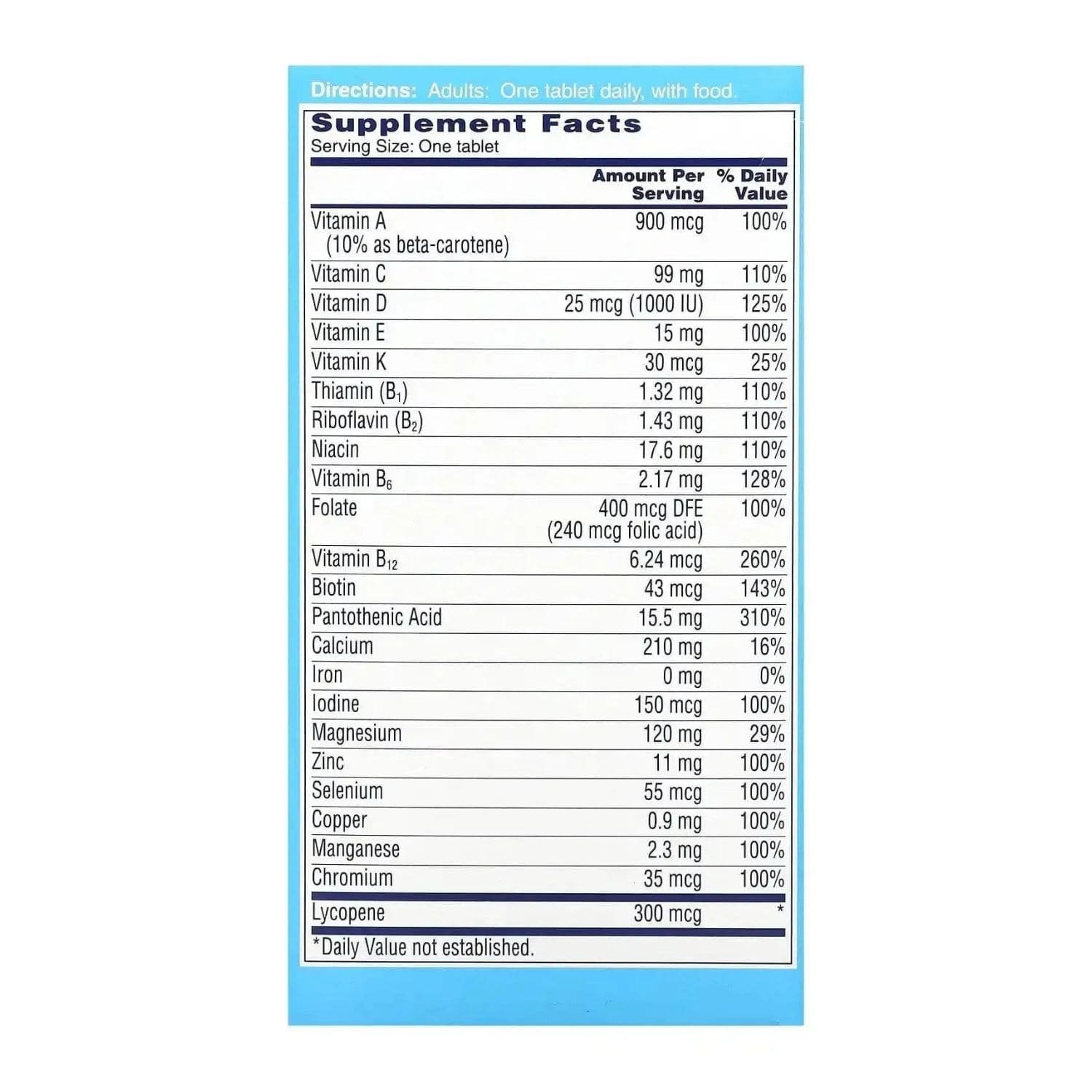 Supplement facts label for One A Day Men’s 50+ Multivitamin 100 tablets showing Vitamin D, B12, and Zinc levels.