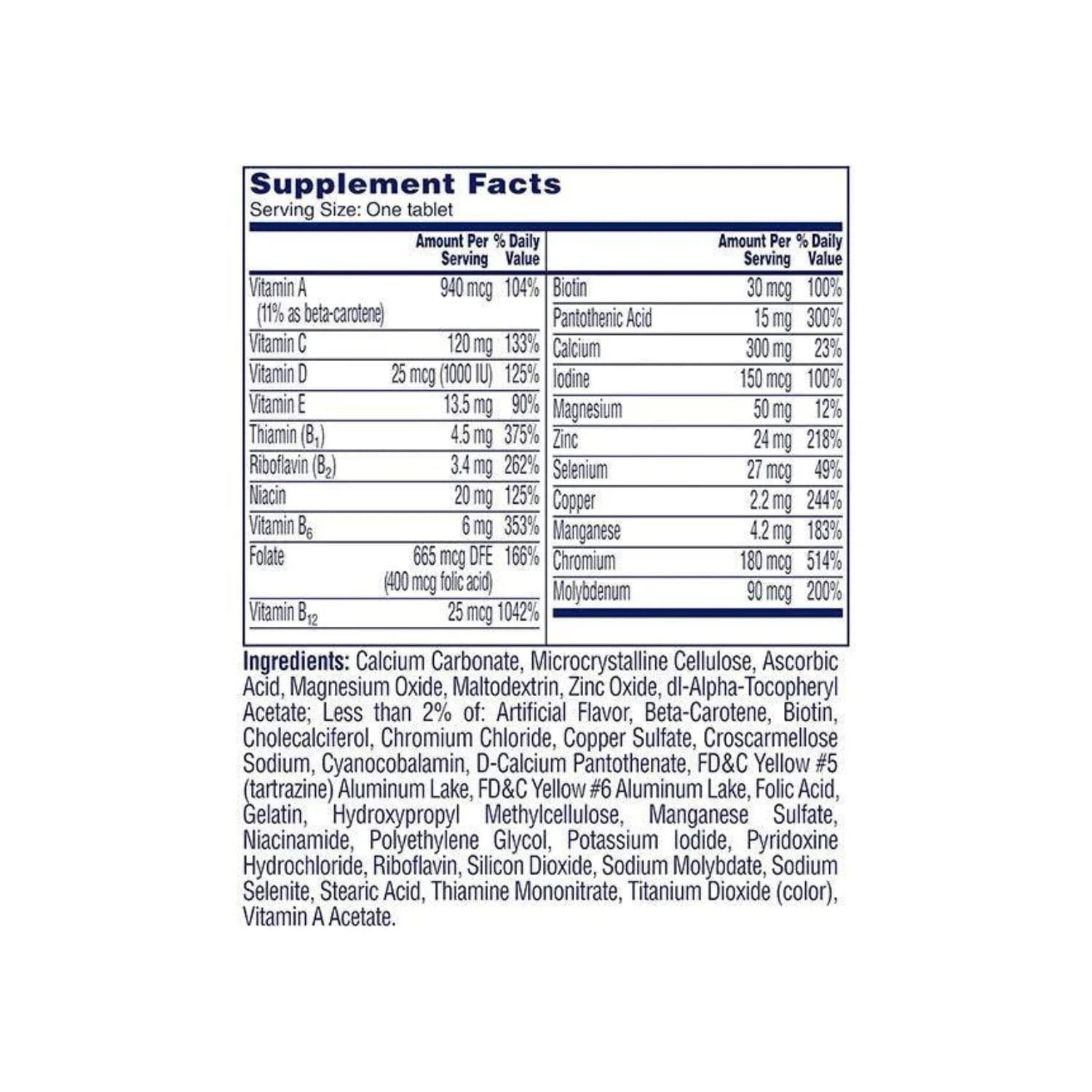 Ingredients list and supplement facts label for One A Day Women’s 50+ Complete Multivitamin, 100 tablets bottle.