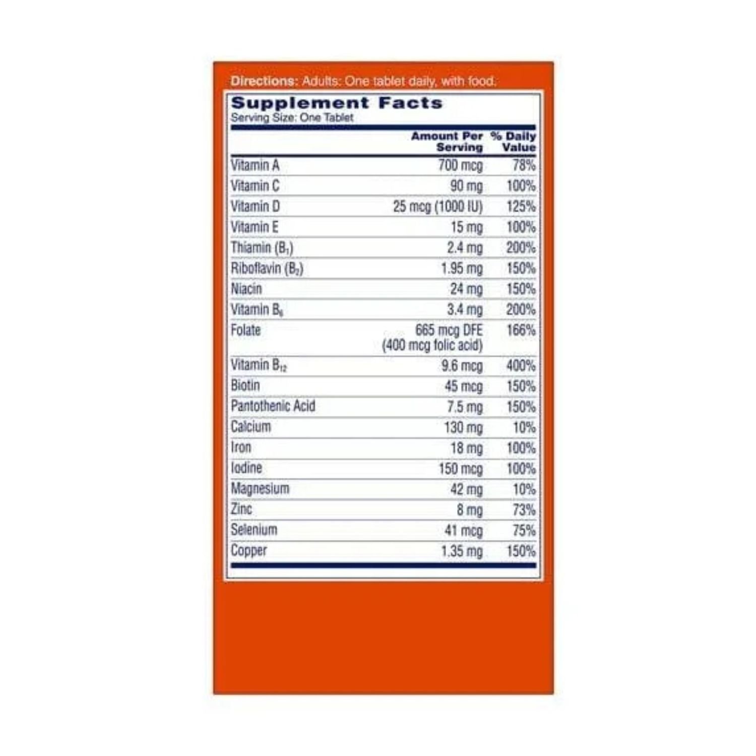 Comprehensive supplement facts and ingredients list for One A Day Women’s Multivitamin 100 Tablets bottle.